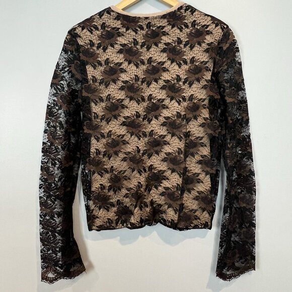 Simultaneous Black Tan Ribbed Sweater Italian 44 U.S. Size Medium Lace Sleeves - Picture 7 of 11